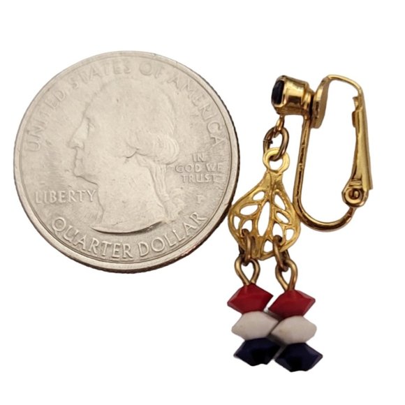 Gold Tone Patriotic Red White Blue Glass Bead Dangle Clip-On Earrings E252 - Picture 5 of 6